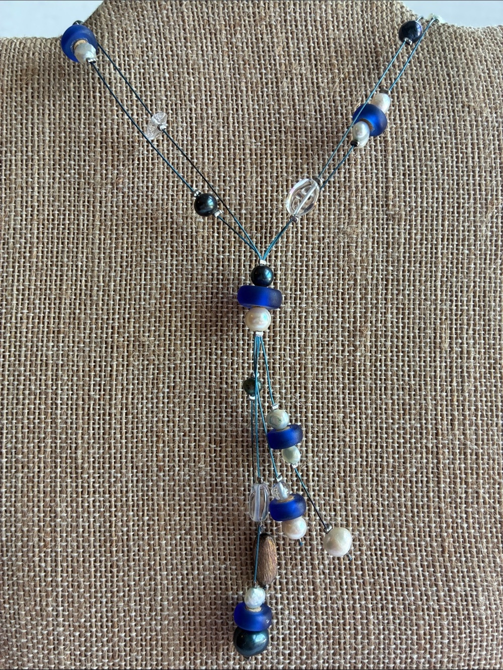 Pearl & Glass Handcrafted Blue Bead Lariat Necklace - Women Jewelry